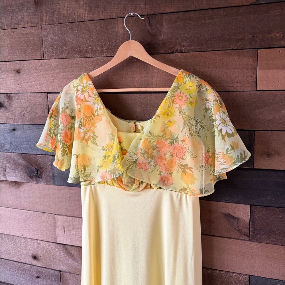 Vintage Yellow Floral Chiffon Maxi Dress 70s Prairie Garden Party - Picture 3 of 14